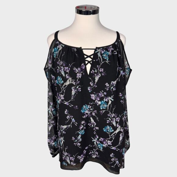 White House Black Market Tops - WHBM White House Black Market Large Black Floral Cold Shoulder Blouse